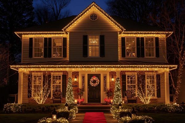 Ontario home with tasteful holiday lights, clear walkway, and soft exterior lighting