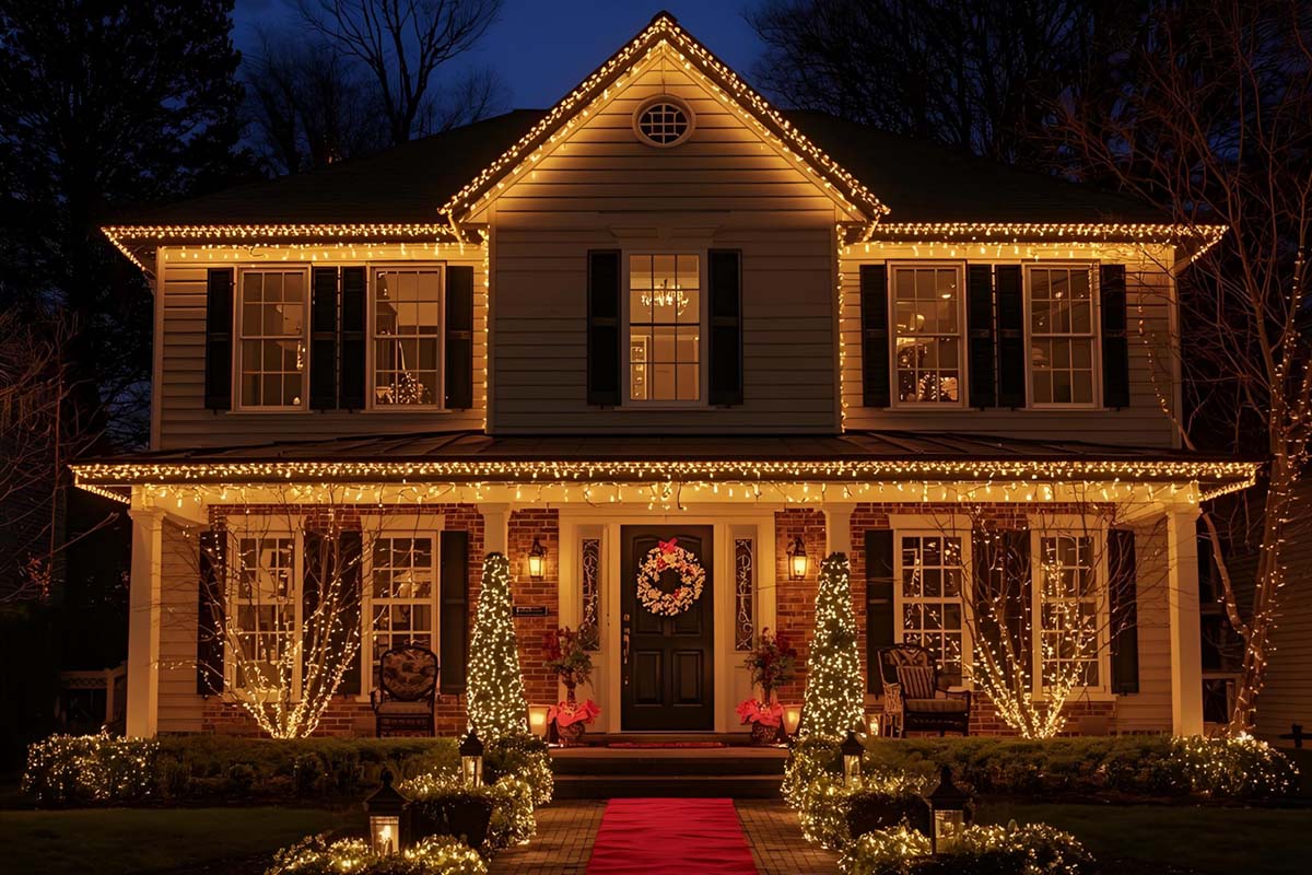 Ontario home with tasteful holiday lights, clear walkway, and soft exterior lighting